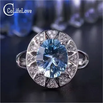 Mados sidabras brangakmenio žiedas moters, 8*10 mm 4 ct gamtos dangus mėlynas topazas sidabro žiedas kietas 925 sidabro topazas žiedas romantiška dovana