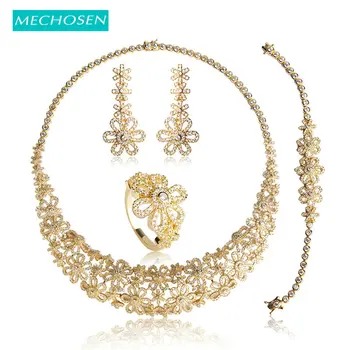 MECHOSEN Fashion Nigerian Wedding Jewelry Sets For Women Cubic Zirconia Gold Color Flower Necklace Earrings Ring Bracelet Set