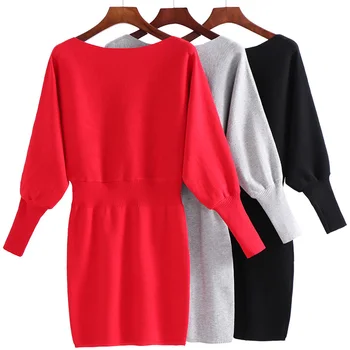 Megzti juosmens rudens ir žiemos modeliai moterų naujos šikšnosparnių rankovėmis megztinis Plonas vientisos spalvos paketą klubo suknelė