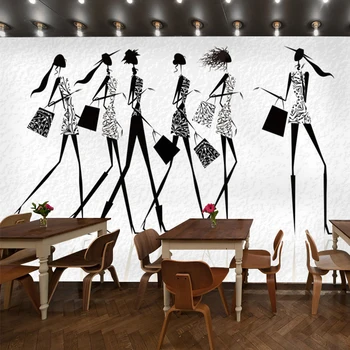 Meno Tapetai, 3D mados salonas, drabužių parduotuvė, mada moterims, juodos ir baltos spalvos sienų apmušalų fone