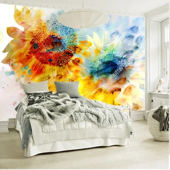 Meno tapetai, Akvarelė,išraiškingas saulėgrąžos,retro imti už gyvenamojo kambario, miegamojo, valgomojo kambario sienos tapetai