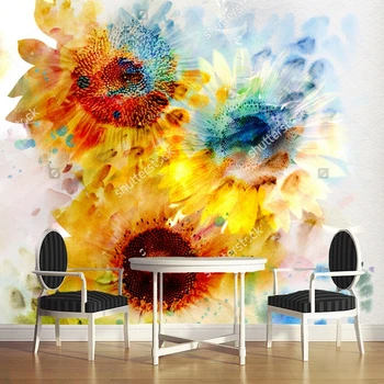 Meno tapetai, Akvarelė,išraiškingas saulėgrąžos,retro imti už gyvenamojo kambario, miegamojo, valgomojo kambario sienos tapetai