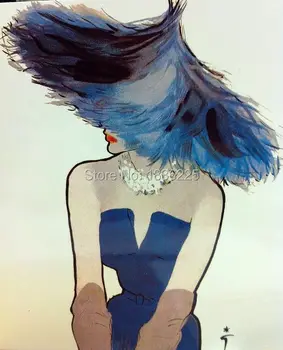 Meno Tapybos Drobės gražus mados mergaitė painitng Menininkas Aliejaus Tapybai mėlyną skrybėlę, Moteris elegantiška, seksuali panele šiuolaikinio namų dekoro
