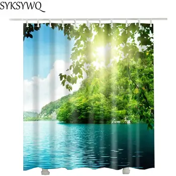 Miško peizažas dušo užuolaidos vandeniui audinio, poliesterio 3d atspausdintas žalias medis vonios užuolaidų cortina de ducha