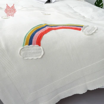 Modernaus stiliaus, baltos spalvos su vaivorykštiniu megzti antklodė lova nešiojamų automobilio oro kondicionierius grynos medvilnės megzti antklodė cobertor SP4292