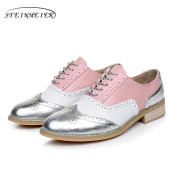 Moterims, natūralios odos butas oksfordo batų dizaineris senovinių rankų darbo rožinė, sidabro oxfords batai sportbačiai moterys