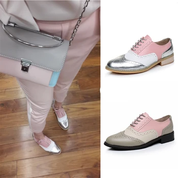 Moterims, natūralios odos butas oksfordo batų dizaineris senovinių rankų darbo rožinė, sidabro oxfords batai sportbačiai moterys