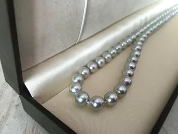 Moteris Dovaną žodis 925 Sterlingas sidabro nekilnojamojo Japonija Akoya natūralus sidabro pilkos spalvos perlų vėrinį apvalios, šiek tiek 11-12 mm ilgio 42-44cm bts