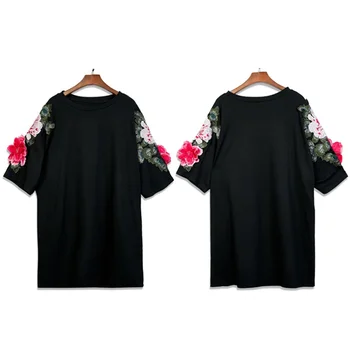Moterų Black Samtelis Kaklo Prarasti Plati Suknelė Vintage Gėlių Siuvinėjimas Viršuje Tunika Jumper 903-A209