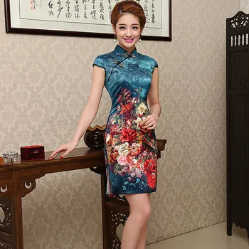 Moterų Malonės Kinų Tradicinė Suknelė, Trumpas Vasaros Satino Cheongsam Gėlių Spausdinti Cheongsam Pardavimo Vestidos Chinos 18