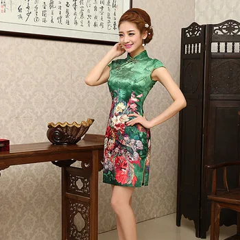 Moterų Malonės Kinų Tradicinė Suknelė, Trumpas Vasaros Satino Cheongsam Gėlių Spausdinti Cheongsam Pardavimo Vestidos Chinos 18