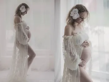 Moterų nėriniai nėščioms moterims gale trumpas rankovėmis suknelė suknelė fotografijos skristi rankovės Violetinė suknelė Motinystės suknelė fotosesiją