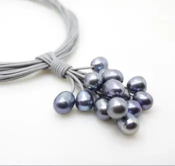 Moterų Papuošalai giliai mėlyna juoda perlų pakabukas Daugiasluoksnės karoliai Originali pilkos Odos natūralių gėlavandenių perlų Magnetas užsegimas