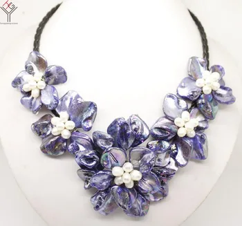 Moterų Papuošalai natūralus baltas perlas ryškiai mėlynos gėlės 5 pakabukas shell motina perlų karoliai juodos odos 18