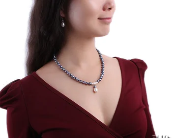 Moterų Papuošalai Nustatyti 8-9mm Mėlyna Juoda tikras perlas Choker karoliai tabaluoti auskarai pabrėžti Natūralių Gėlavandenių perlų
