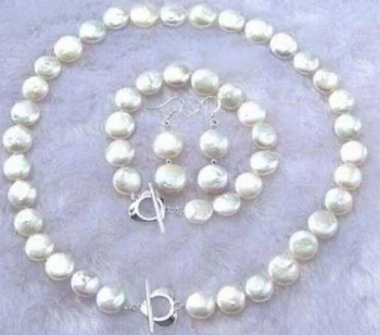 Moterų Papuošalai Set 10-12mm Apvalus Gabalas perlų Ryškiai balta perlų karoliai, apyrankės tabaluoti kablys auskarai Gamtos shell perlų