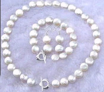 Moterų Papuošalai Set 10-12mm Apvalus Gabalas perlų Ryškiai balta perlų karoliai, apyrankės tabaluoti kablys auskarai Gamtos shell perlų