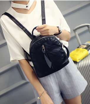 Moterų Skalbti pu Odos kuprinė mažų paprastų universiteto studentų mokyklos minkštos odos krepšys, kuprinė maišelis juoda wanfeng7