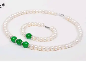 Moterų Vestuvių žavesio Žydas.657 rinkinys, 7-8mm gėlo vandens dirbtiniu būdu išauginti perlai white pearl karoliai, apyrankės +8mm perlas nekilnojamojo sidabro papuošalai