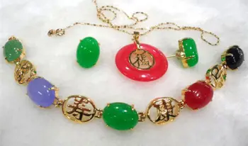 Moterų Vestuvių žavinga žalia/raudona gem akmens -juoda, sumaišyti apyrankė/auskarai/žiedas rinkinys, sidabro papuošalai nekilnojamojo sidabro papuošalai