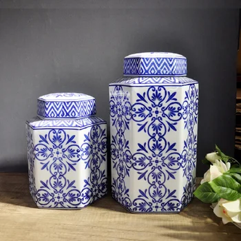Mėlynos ir baltos spalvos porceliano dekoravimo šešių kvadratinių dekoratyvinės keramikos puodą, porceliano papuošalų iš šiuolaikinės Kinų Namų Apdailą