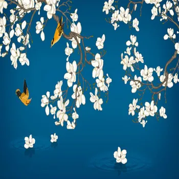 Namų Tobulinimo 3d Sienos Popieriaus Ritinius Vandeniui Šilko Tapetų Sienos 3d Freskomis Fono Mėlyna ranka-dažytos magnolija paukštis