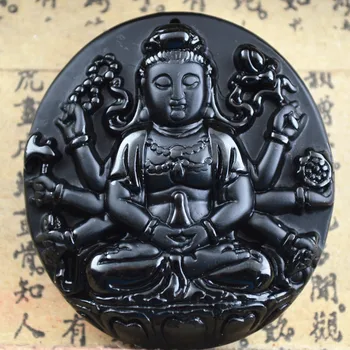 Natūralus Juodas Obsidianas, Išraižytas Tūkstančių Rankų Guanyin Buda Pakabučiai