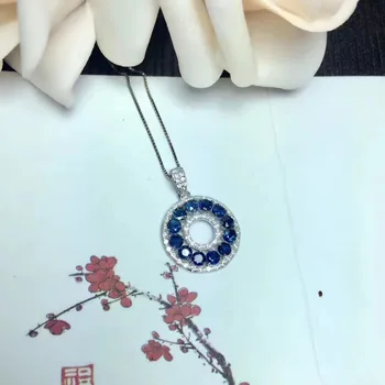 Natūralus mėlynas safyras pakabukas S925 sidabro Natūralus Akmuo Karoliai Pakabukas apvalus ratas moteris draugei, dovana fine jewelry