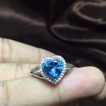 Natūralus mėlynas topazas akmens Žiedas, Natūralus akmuo žiedas 925 sterlingas sidabro madinga, elegantiška, Romantiška širdies moteris šalis, dovana, Papuošalai