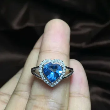 Natūralus mėlynas topazas akmens Žiedas, Natūralus akmuo žiedas 925 sterlingas sidabro madinga, elegantiška, Romantiška širdies moteris šalis, dovana, Papuošalai
