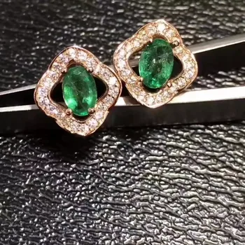 Natūralus žaliasis smaragdas stud auskarai, 925 sidabras Gamtos žalia brangakmenio moterų laimingas mados Dobilų stud auskarai, skirta-metį