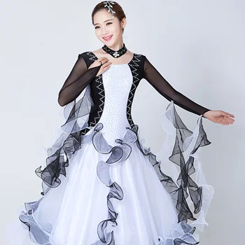 Nauja šiuolaikinių šokių suknelė suaugusiųjų užsakymą juodos ir baltos spalvos pasta pasta nacionalinės standartinių šokių suknelė veiklos rungtynės drabužiai