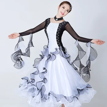 Nauja šiuolaikinių šokių suknelė suaugusiųjų užsakymą juodos ir baltos spalvos pasta pasta nacionalinės standartinių šokių suknelė veiklos rungtynės drabužiai