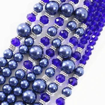 Naujai gana mėlynas apvalus shell imituojamas-pearl 7 eilių karoliai, auskarai krištolo karoliukai elegantiškas vestuvių šalis papuošalų rinkinys B1308