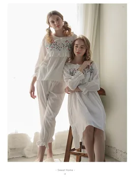 Naujas Atvykimo 2018 M. Pavasarį, Rudenį Moterys Princesė Pižama nustatyti Lady ilgomis Rankovėmis Gėlių Balta Grynos Medvilnės Pijamas Sleepwear D154-1