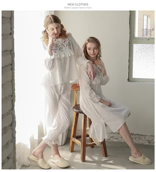 Naujas Atvykimo 2018 M. Pavasarį, Rudenį Moterys Princesė Pižama nustatyti Lady ilgomis Rankovėmis Gėlių Balta Grynos Medvilnės Pijamas Sleepwear D154-1
