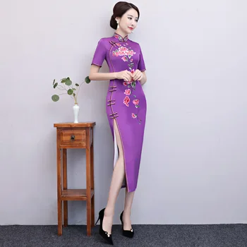 Naujas Atvykimo Moterų Siuvinėjimo Ilgai Cheongsam Mados Kinijos Viskozė Suknelė Plonas Qipao Vestidos Dydis S M L XL XXL XXXL 4XL 1A3564