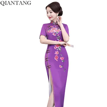 Naujas Atvykimo Moterų Siuvinėjimo Ilgai Cheongsam Mados Kinijos Viskozė Suknelė Plonas Qipao Vestidos Dydis S M L XL XXL XXXL 4XL 1A3564