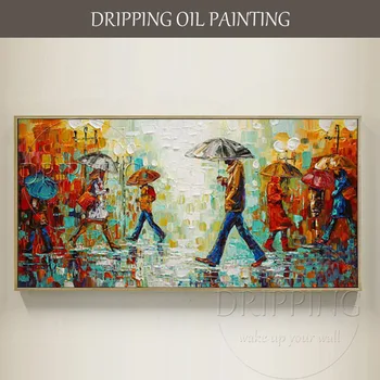 Naujas Atvykimo Ranka-dažytos Aukštos Kokybės Tekstūra Walker Naftos Tapyba ant Drobės Žmonių su Skėčiu Vaikščioti ant Gatvės Naftos Tapyba