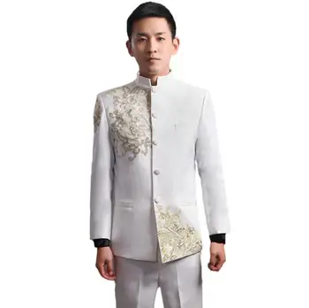Naujas atvykimo slim vyrų kostiumas rinkinys su pants mens siuvinėjimo tinka vestuvių kinijos tunika kostiumas mens jaunikis oficialų suknelė, kostiumas + ziajać