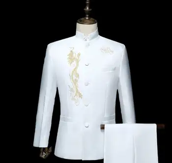 Naujas atvykimo slim vyrų kostiumas rinkinys su pants mens siuvinėjimo tinka vestuvių kinijos tunika kostiumas mens jaunikis oficialų suknelė, kostiumas + ziajać