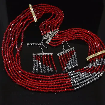 Naujas atvykimo specialios konstrukcijos 7rows karoliai, auskarai moterims patarimas raudona sidabro spalvos stiklo kristalų mados bižuterijos rinkinys B1908