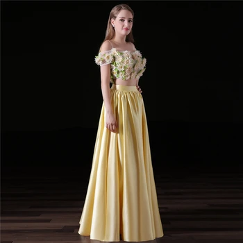 Naujas Atvykimo Vestido de festa Crom Viršų Dviejų dalių Vakaro suknelės Ilgai 2018 m. 3D Gėlė Geltona Promenadzie suknelė Plus size sandėlyje
