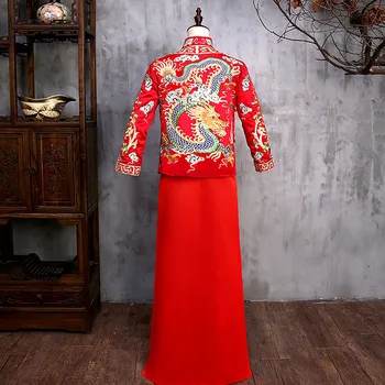 Naujas atvykimo vyrų raudona cheongsam Kinų stiliaus kostiumas jaunikis suknelė striukė ilga suknelė tradicinės Kinų vestuvių Qi pao vyrams