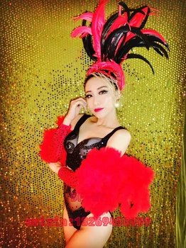 Naujas baro klubo šokių suknelė seksualus juodas moterys dainininkas star ds šviesus gręžimo fascinator raudonas kailis derinys kostiumas šalis etape perf
