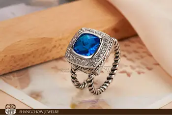 Naujas! Derliaus bižuterijos Mėlyna Kristalų 925 Sterlingas Sidabro Žiedas R1208