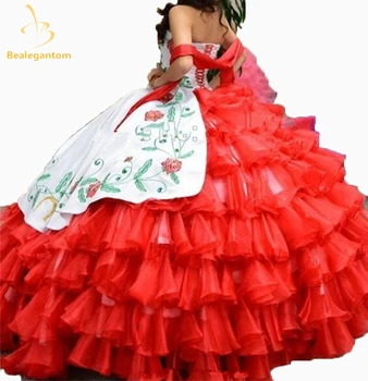 Naujas Elegantiškas 2017 Raudona Siuvinėjimo Kamuolys Suknelė Quinceanera Suknelės Organza Ilgai Gimtadienio Suknelė Nėrinių Saldus 16 Suknelės QA1128