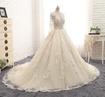 Naujas Elegantiškas Ilgas Vestuvių Suknelė iki 2018 m. V-kaklo, ilgomis Rankovėmis Koplyčia Traukinys Appliques Tiulio Nėrinių-Line Nuotakos Suknelės Vestido de noiva