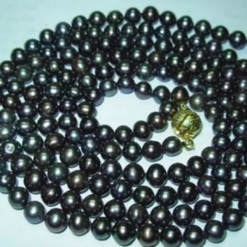 Naujas mados žavesio 7-8mm juodas natūralūs gėlo vandens dirbtiniu būdu išaugintų perlų apvalūs karoliukai, karoliai ilgos grandinės jewelryt moterų 50inch BV209