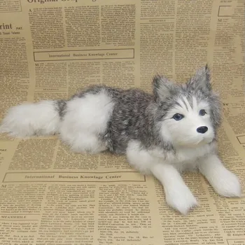 Naujas Modeliavimo gulėti haskis žaislas polietileno&kailis pilkos spalvos šuo modelis dovana, apie 30x11cm y0240
